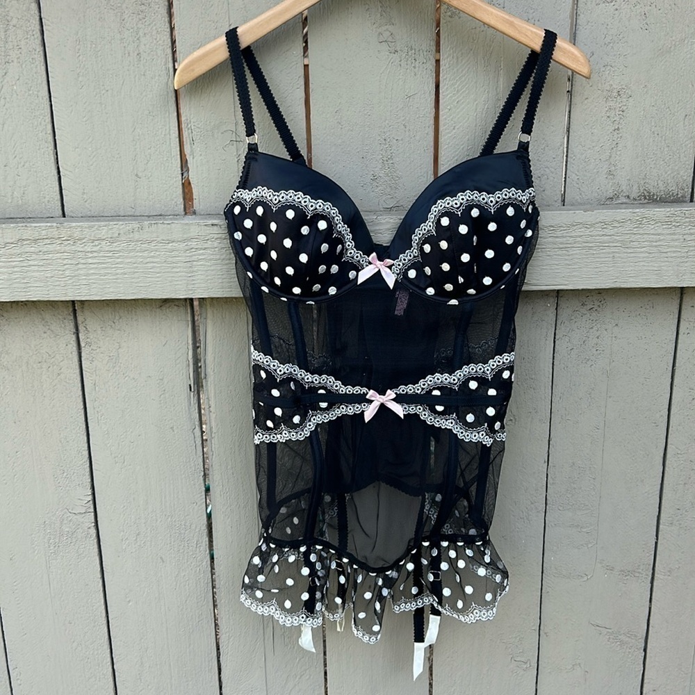 Victoria's Secret Black Label Corset Lingerie Polka Dots Bows Garter Straps Sexy